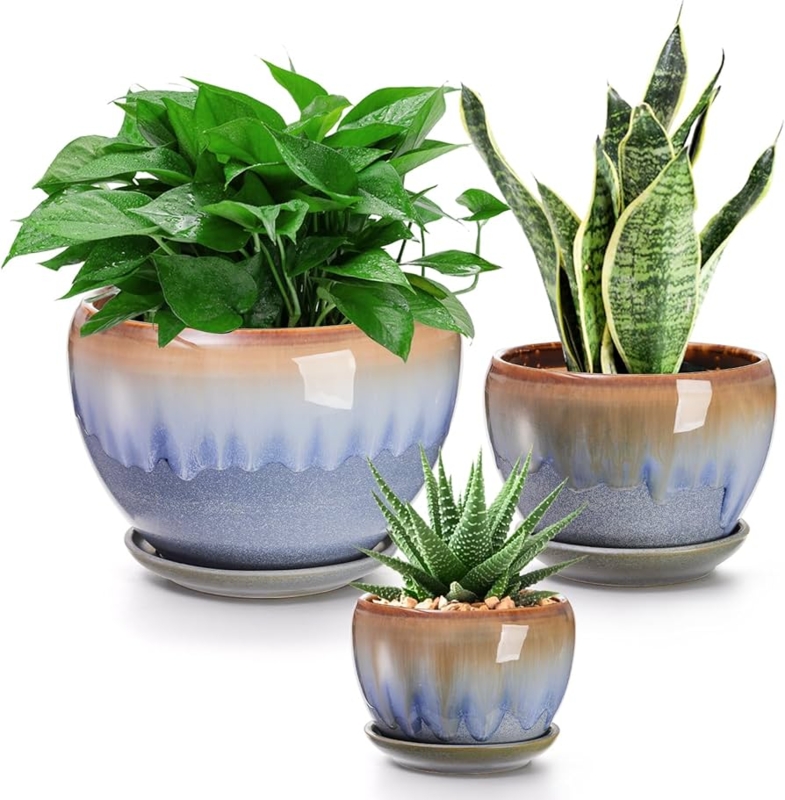 Drip Glaze Ceramic Planter Set with Matching Saucers, Rustic Boho Style.