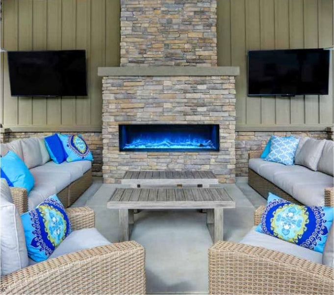 Electric Fireplace Blue Flames Dual TV Layout Stone Wall Integration