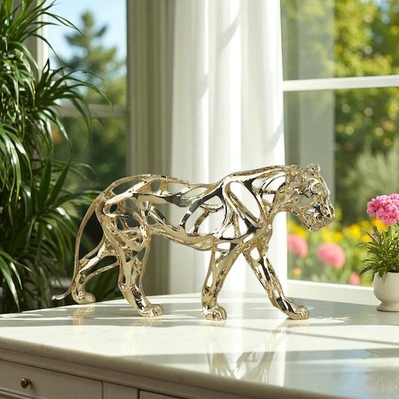 Elephant Figurine Polished Gold Wireframe Hollow Geometric Silhouette Modern