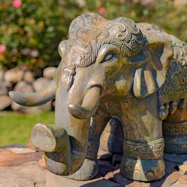 Elephant Statue Boho Floral Patterns Raised Trunk Satin Finish