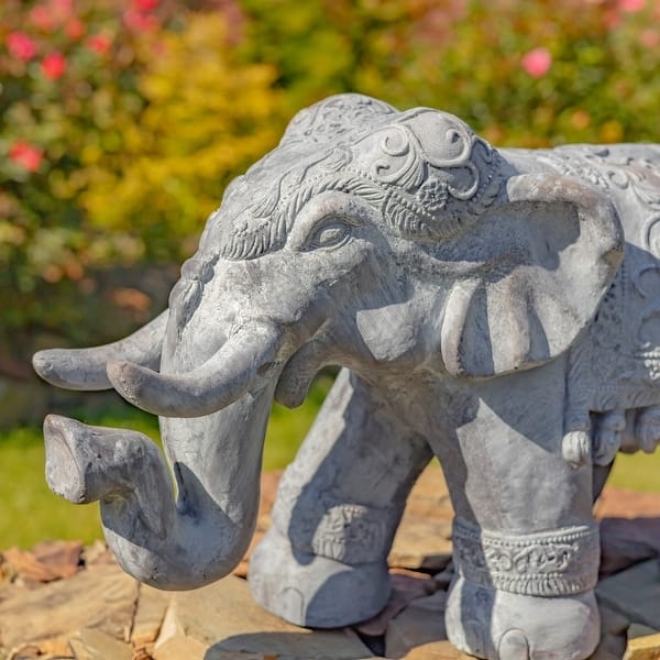 Elephant Statue Distressed Finish Mandala Floral Pattern Raised Trunk