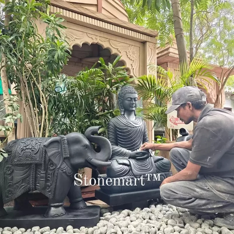 Elephant Statue Polished Black Stone Raised Trunk Vastu Decor