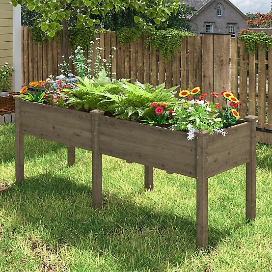 Elevated Garden Bed Brown Wood with Internal Dividers for Dual Planting