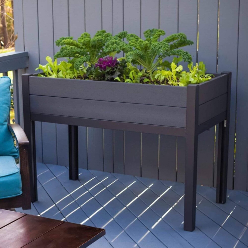 Elevated Garden Bed Wood Toned with Black Metal Corner Posts for Patio