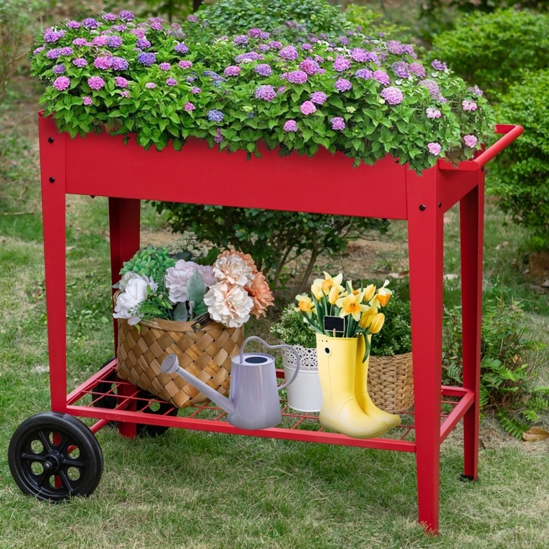 Elevated Garden Planter Vibrant Red Metal Mobile Cart on Wheels