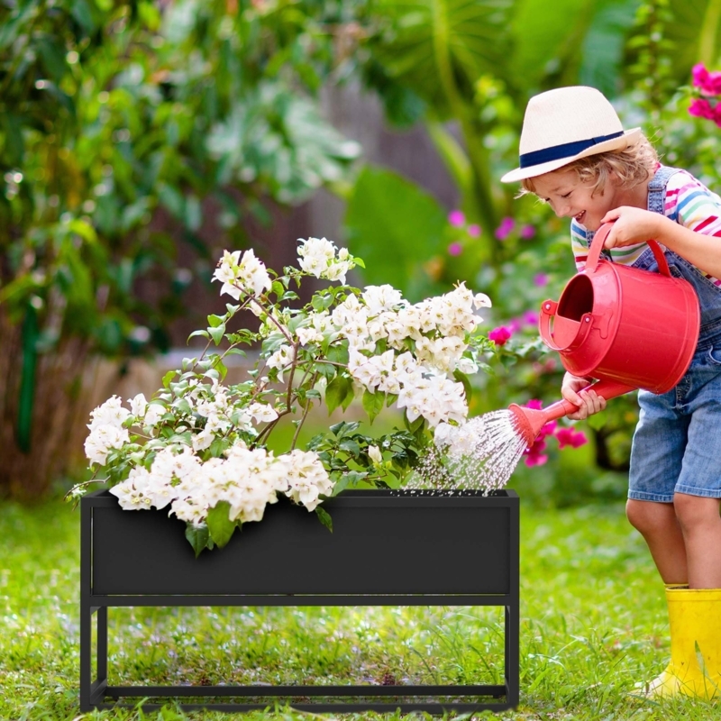 Elevated Planter Matte Black Metal Frame Industrial Style with Shelf