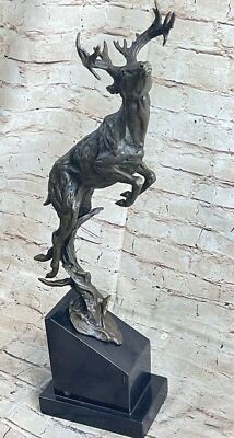 Elk Sculpture Polished Bronze Stone Base Traditional Library Accent