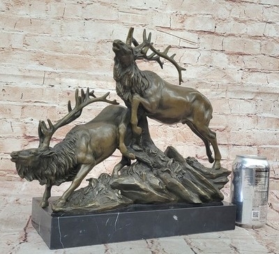 Elk Sculpture Walking Pose Bronze Finish Stone Base Rustic Decor