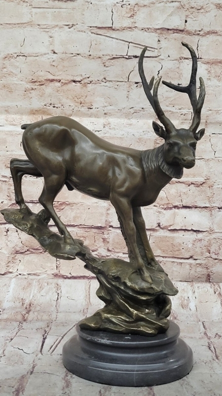 Elk Statue Antique Bronze Finish Tiered Green Stone Base Rustic Decor