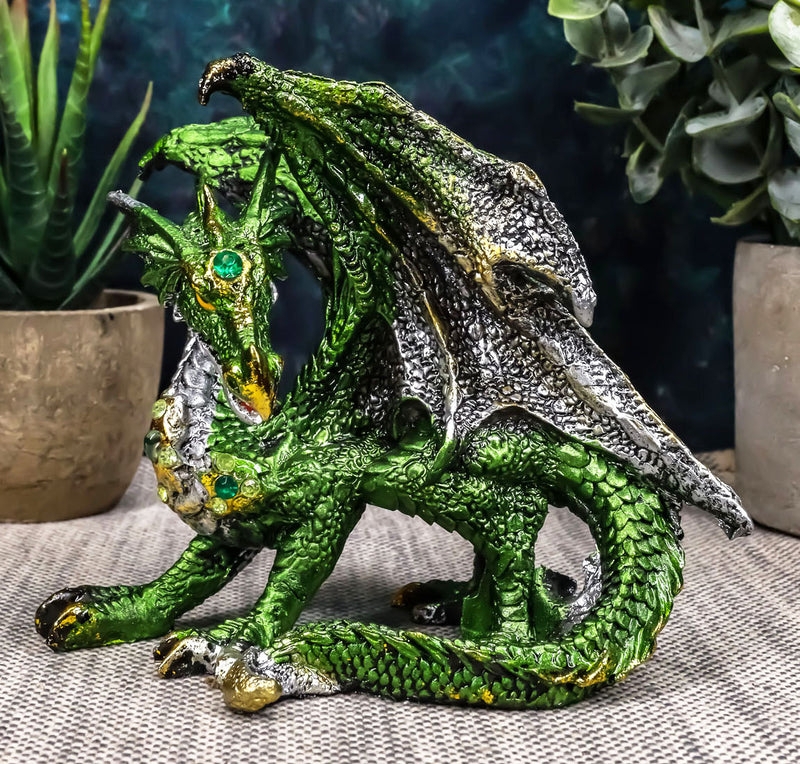 Emerald Dragon Figurine Metallic Finish Crouching Silhouette Scales