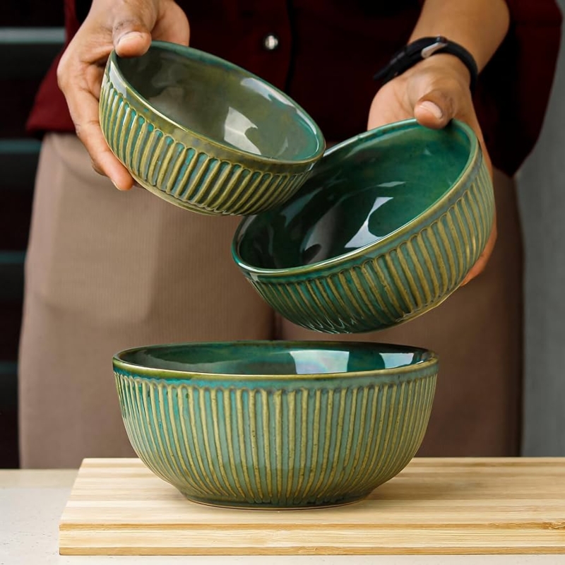Emerald Green Ceramic Bowl Set, Gold Rimmed Modern Nesting Serving Bowls