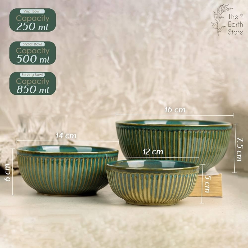 Emerald Green Ceramic Nesting Bowls with Contrasting Chocolate Brown Rim