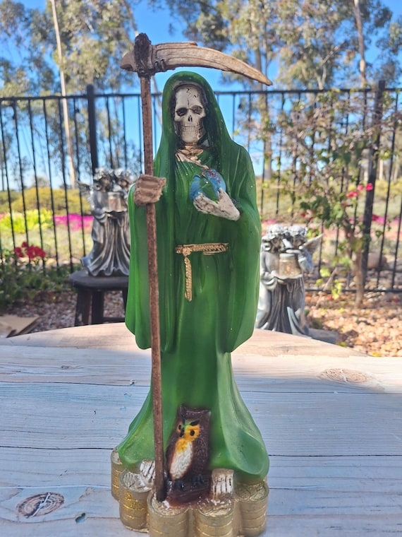 Emerald Green Statue Skeletal Figure Holding Scythe Detailed Symbology