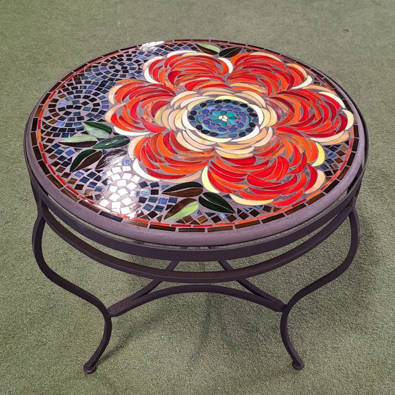 End Table Round Floral Mosaic Top Stone Like Curved Metal Legs