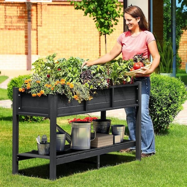 Ergonomic Elevated Planter Black Plastic Wood Grain Texture with Shelf