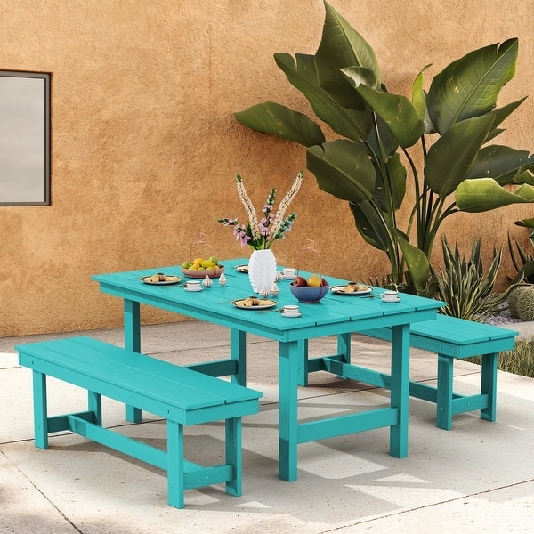 Espresso Dining Set HDPE Slatted Backless Benches Block Legs