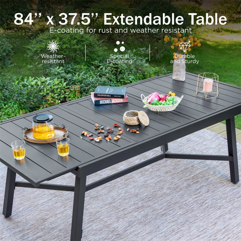 Extendable Outdoor Dining Table Slatted Top Matte Black Metal