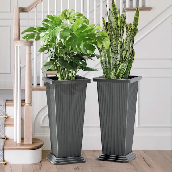 Extra Tall Charcoal Gray Stone-Like Planter Outdoor Decor