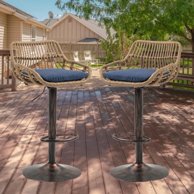 Extra Tall Patio Bar Stool Charcoal Gray Cushion Wood Toned High Back