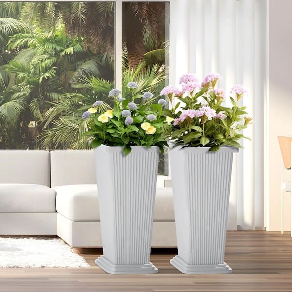 Extra Tall White Ribbed Planter Entryway Accent