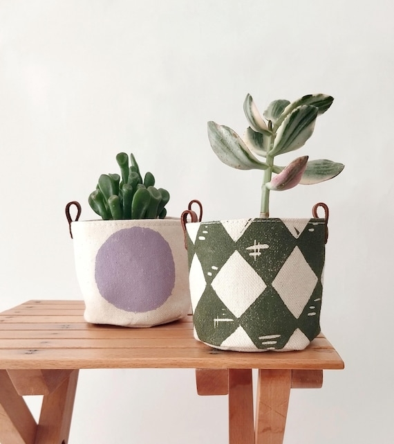 Fabric Planter Set with Block Print and Leather Trim, Mini Boho Pots