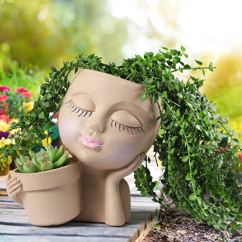 Face Planter, Double Pot Design with Hand-on-Cheek Sculpture