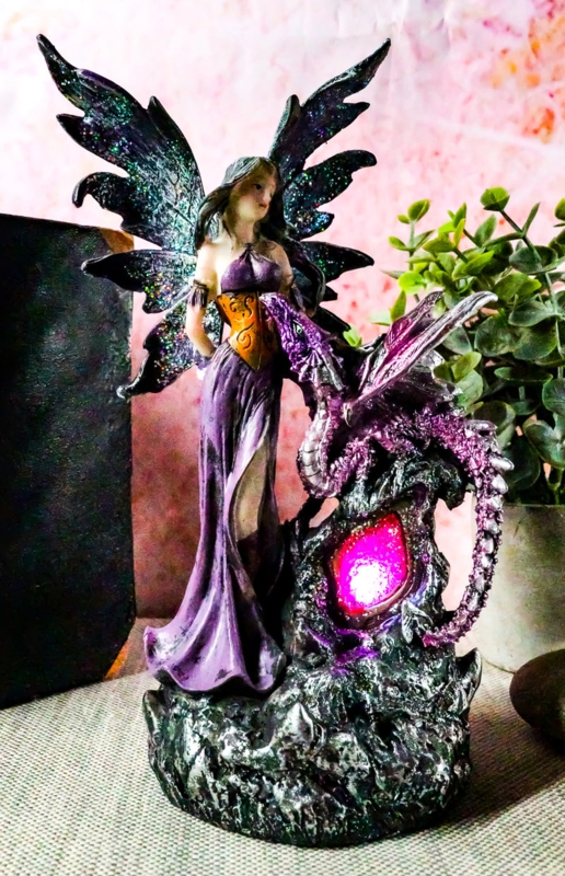 Fairy Figurine Dragon LED Crystal Base Translucent Wings Fantasy Decor