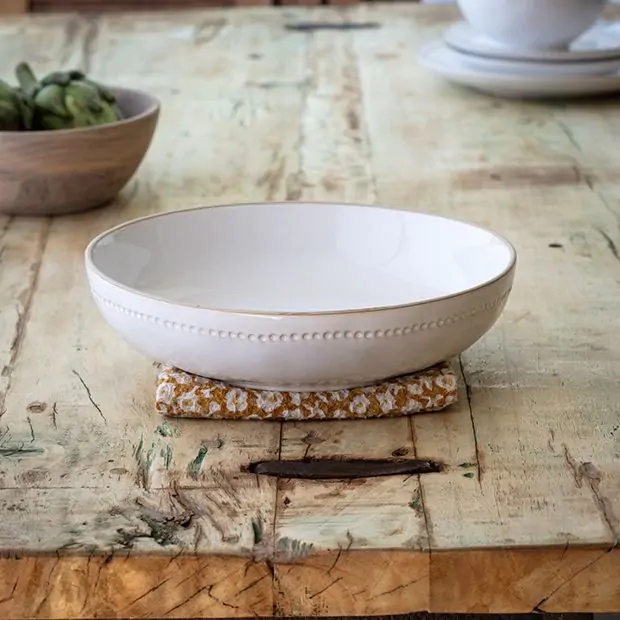 Farmhouse Ceramic Serving Bowl Rustic Loop Handles Irregular Rim