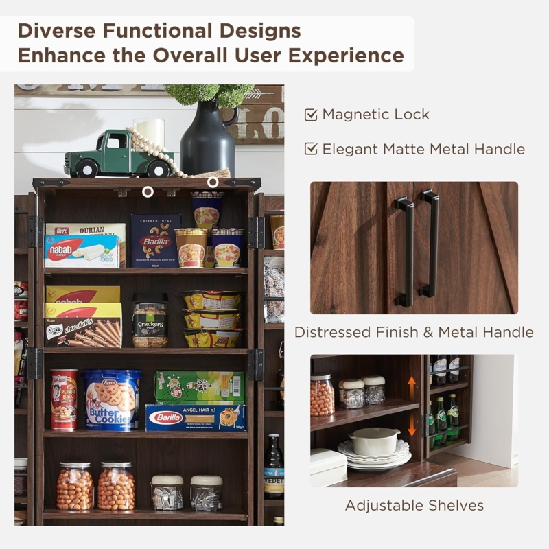 Farmhouse Pantry Cabinet in Espresso with X-Mullion Glass Doors and Drawers