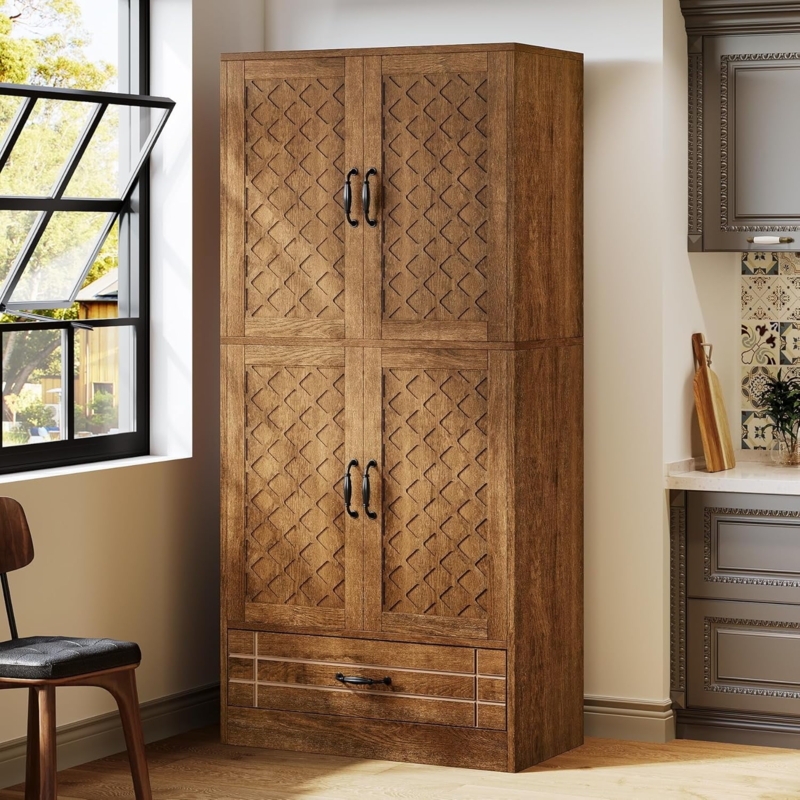 Farmhouse Pantry Cabinet with Rustic X-Brace Detail and Glass Doors
