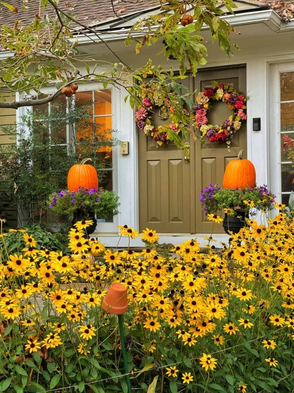 Farmhouse Porch Decor Layered Pumpkins & Florals