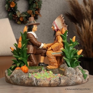 Festive Turkey Figurine with Pilgrim Hat and "Happy Thanksgiving" Text