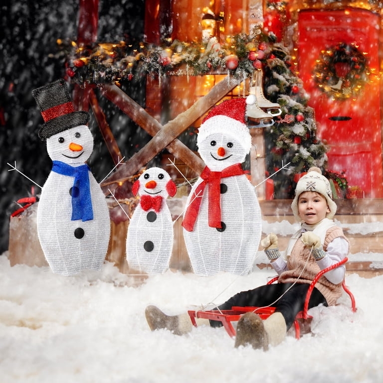 Festive Woven Mesh Snowman Set of 3, Warm Ambient Glow