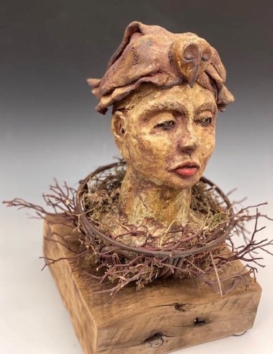 Figurative Sculpture Human Faced Owl Manzanita Base Mixed Media Art
