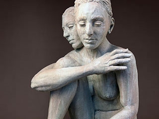 Figurative Sculpture Mottled Metallic Finish Crouched Pose Contemporary
