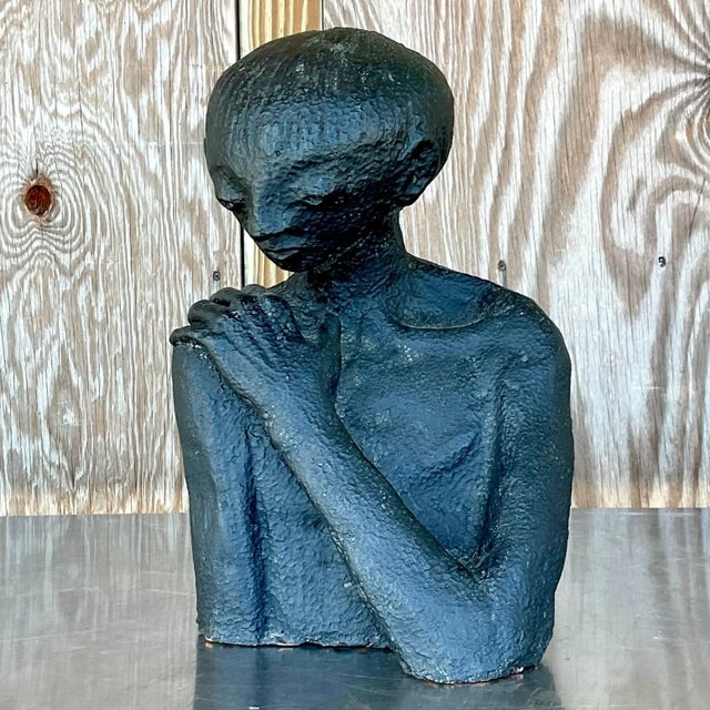 Figurative Sculpture Unpainted Terracotta Seated Male Pose Artisanal
