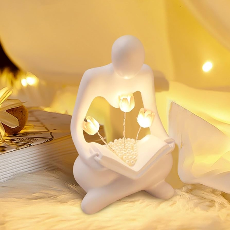 Figurine Abstract Reading Sculpture with Tulip Lamp Modern Decor