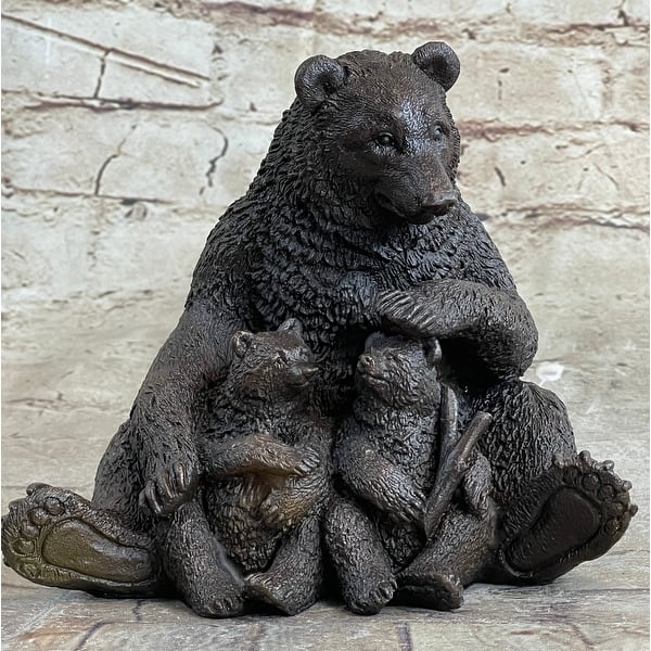 Figurine Antique Bronze Finish Bear Family Design Textured Fur Decor