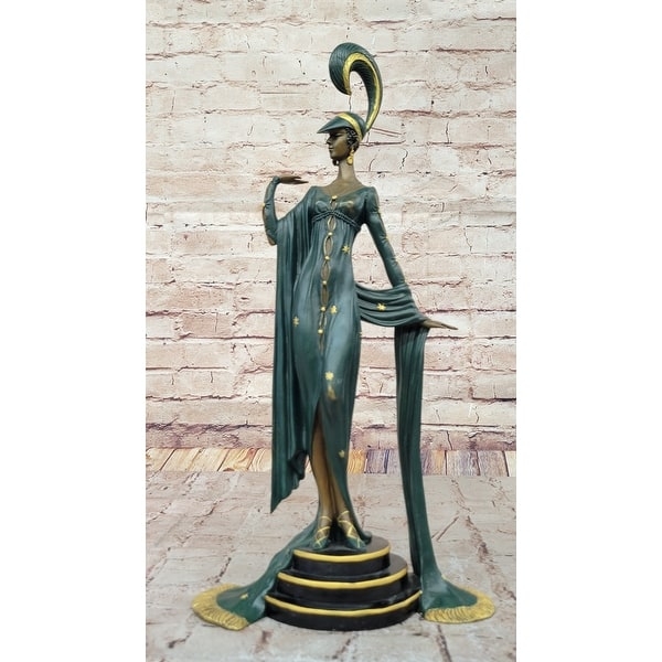 Figurine Art Deco Lady Bronze Star Accents Tiered Marble Base