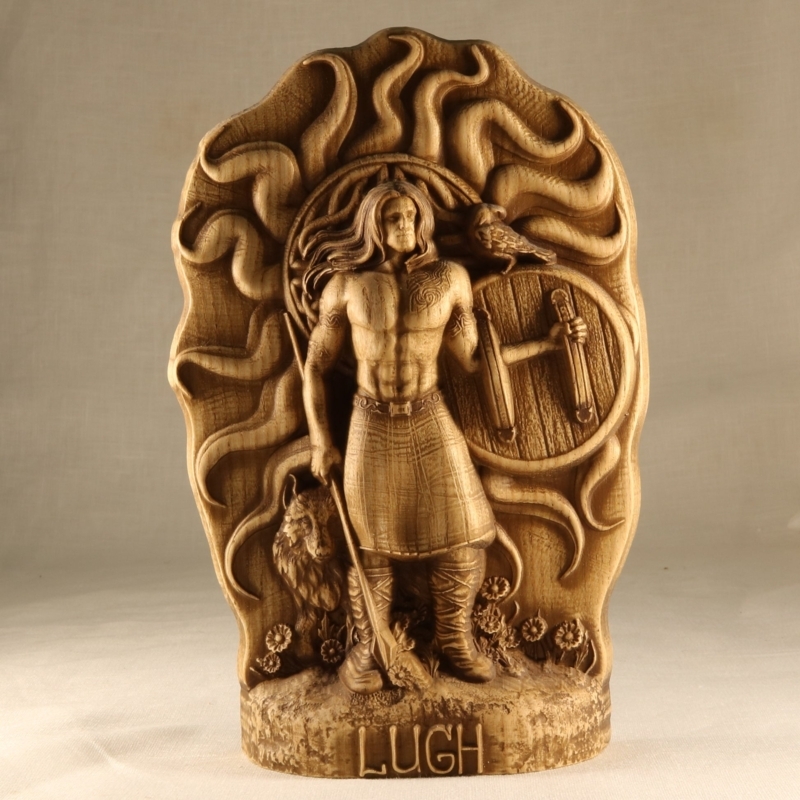 Figurine, Artisanal Carved Wood Warrior, Spear and Shield, Dark Finish.