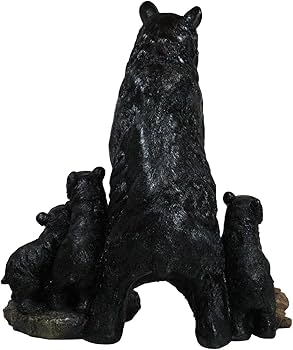 Figurine, Bear Family Motif On Log Bridge Base, Matte Textured Finish