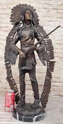 Figurine Bronze Finish Marble-Like Base Feathered Headdress Western