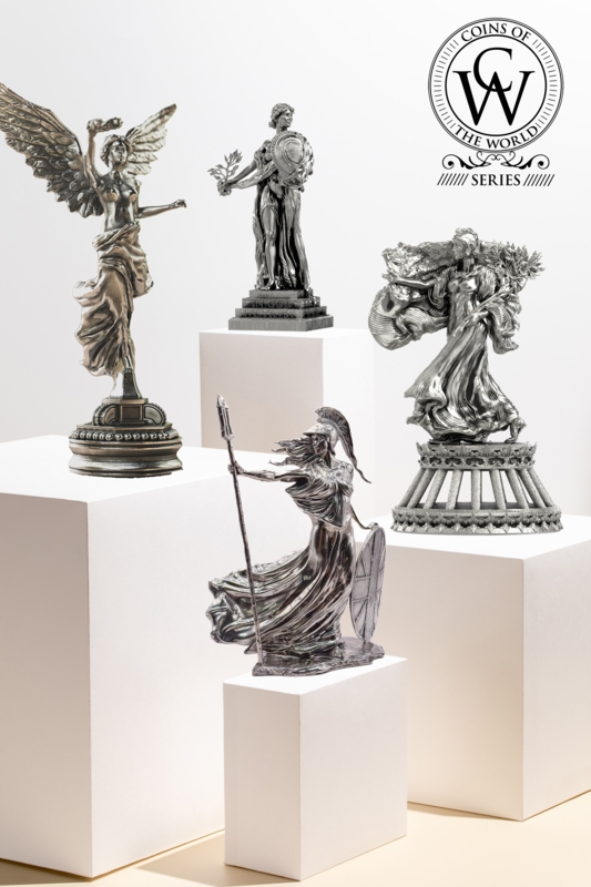 Figurine Collection Stylized Silver Female Forms on Tiered Podium