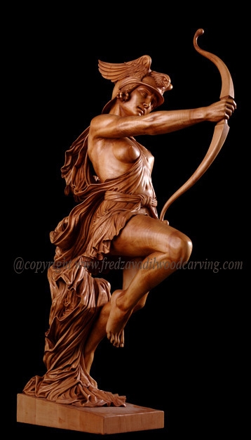 Figurine, Detailed Anatomical Wood Sculpture, Kneeling Archer Pose.