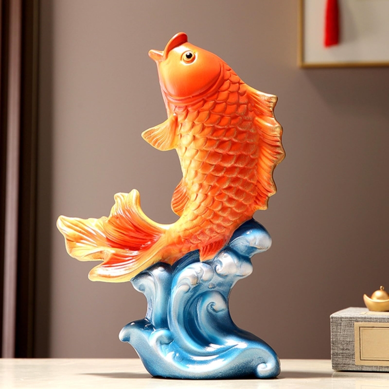Figurine Glossy Ceramic Fish Statue Gold Scales Wave Base