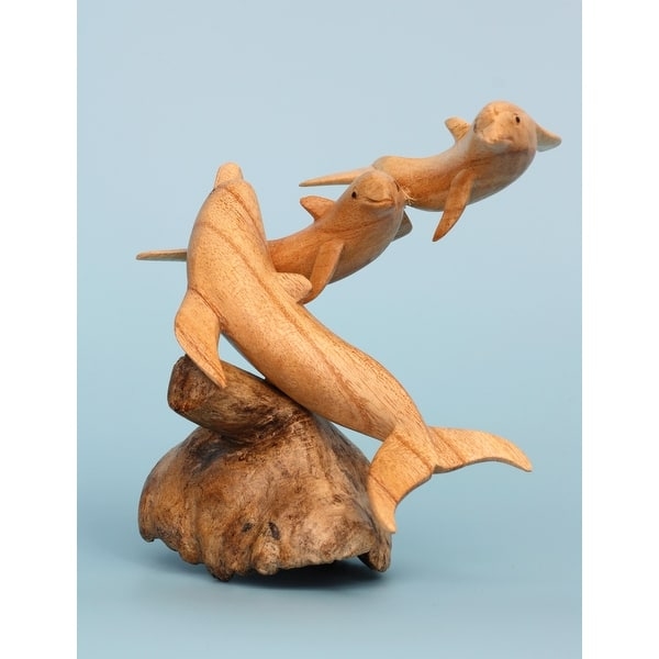 Figurine Hand Carved Wood Triple Dolphin Motif Vertical