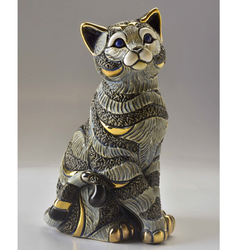 Figurine Horizontal Stripes Cat Silhouette Blue White Glossy Coastal