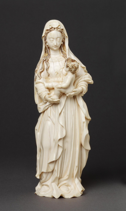 Figurine in Retablo Niche, Ornate Metal Pedestal Altar Display
