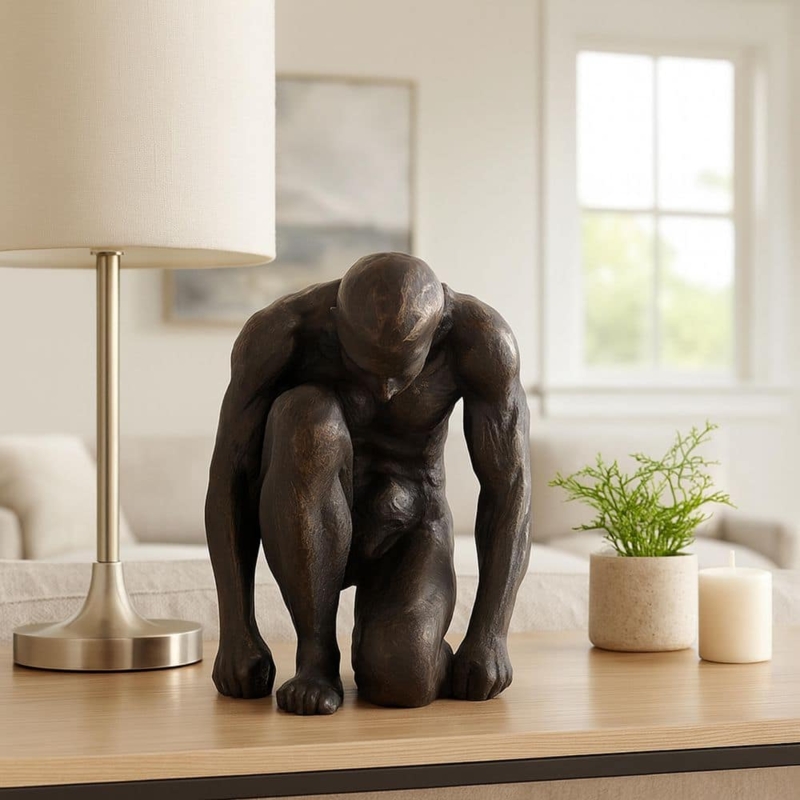 Figurine Kneeling Posture Bowed Head Matte Black Minimalist
