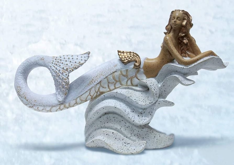 Figurine Mermaid Distressed Gold Tail on Wave Pedestal Coastal Decor